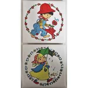 Vintage Circa 1980s Jasco Ceramic Tile Trivets Boy/Girl Set of 2